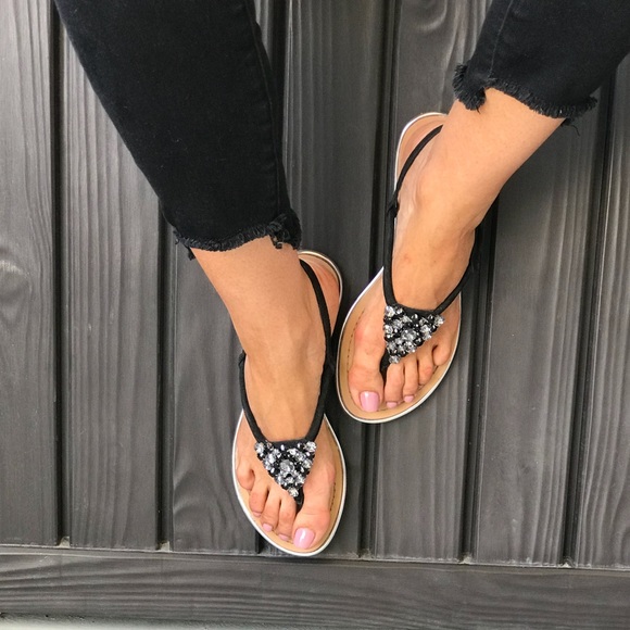 NIB Black Rhinestone Embellished Slingback Sandal - Picture 1 of 4